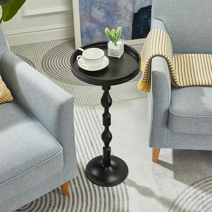 Small Round Drink Table,Pedestal Tables,Small Round Side Table for Narrow Spaces,End Table for Living Room, Bedroom, Bathroom,Balcony (Black)