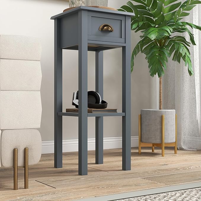 HOMCOM 2-Tier Side Table with Drawer, Narrow End Table with Bottom Shelf, for Living Room, Set of 2, Gray