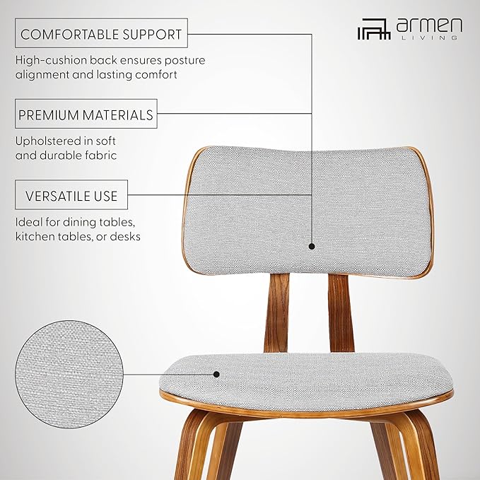 Armen Living Jaguar Mid-Century Dining Chair in Walnut Wood and Gray Fabric - Set of 4
