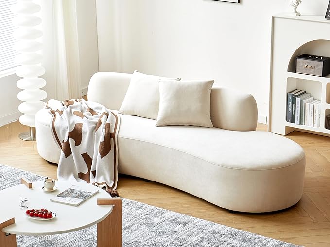 Container Furniture Direct 90" Curved Sofa with Throw Pillows, 4 Seater Luxury Velvet Couch with Half Moon Design and High-Density Foam, Ideal for Modern Living Room, Office & Apartment, Ivory White