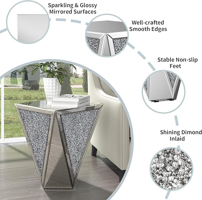 ENENE 19.7" Mirrored End Table Crystal Diamond Setting Coffee Table Silver Glass Side Table Pedestal Stand for Hallway, Living Room, Corner, Bedroom, Sofa