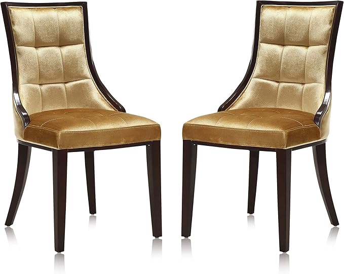 Manhattan Comfort Fifth Avenue Velvet Dining Chairs, Parsons Accent Furniture with Padded Wingback Seat, Fine Rectangular Stitching and Solid Beech Wood Frame, Set of 2, Antique Gold