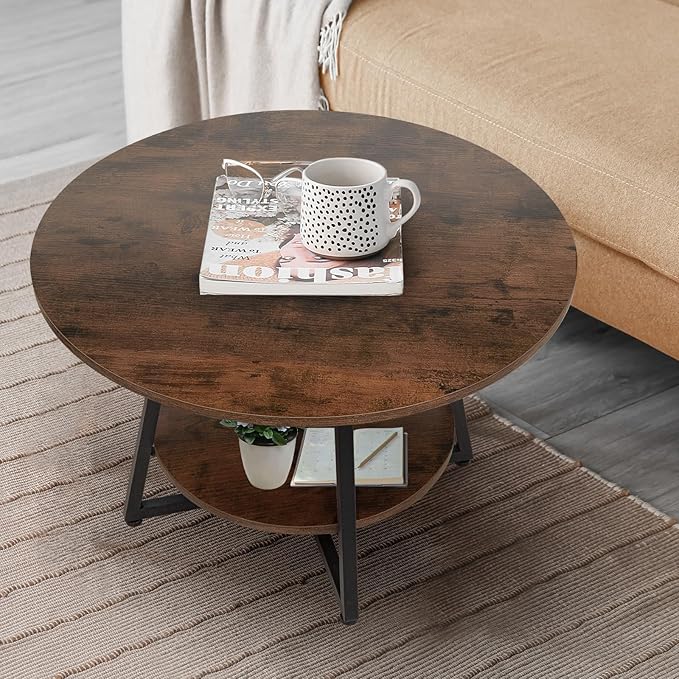 Round Coffee Table, 2-Tier Circle Coffee Table with Storage, Modern Wood Round Center Table, for Living Room, Small Space, Home Office, Easy Assembly, Rustic Brown
