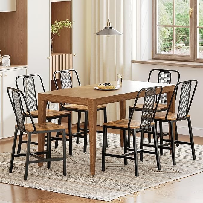 Dining Chairs Set of 6, Wooden Kitchen Chairs, Farmhouse Dining Chairs with Back Support, for Living Room, Kitchen, Rustic Brown and Black CY01L6BR