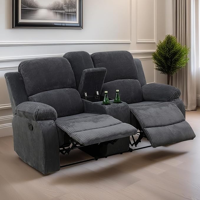 Loveseat Recliner Sofa, Reclining Loveseat Couch with Storage Console, Modern Comfy Home Theater Seating Power Recliner Chair with Cup Holders for Living Room Furniture Sets, Grey