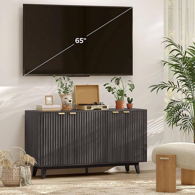 HOMCOM Fluted Sideboard Buffet Cabinet, 55" Modern Accent Console Cabinet with 4 Doors, 2 Adjustable Shelves and 5 Wood Legs, Distressed Gray