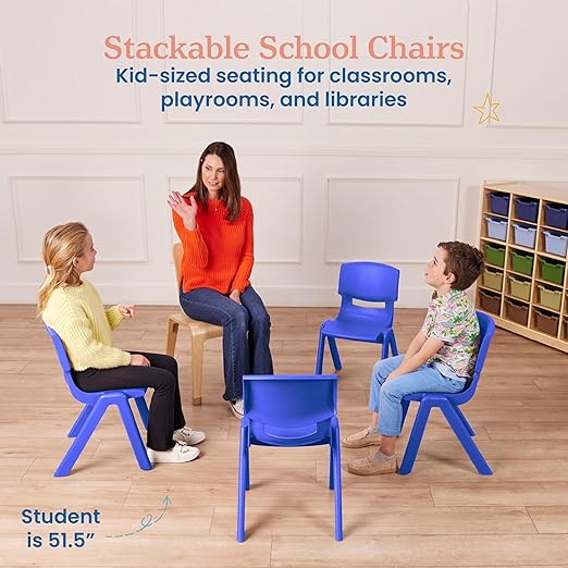 ECR4Kids 14in Plastic School Stack Chair, Classroom Furniture, Blue, 4-Pack