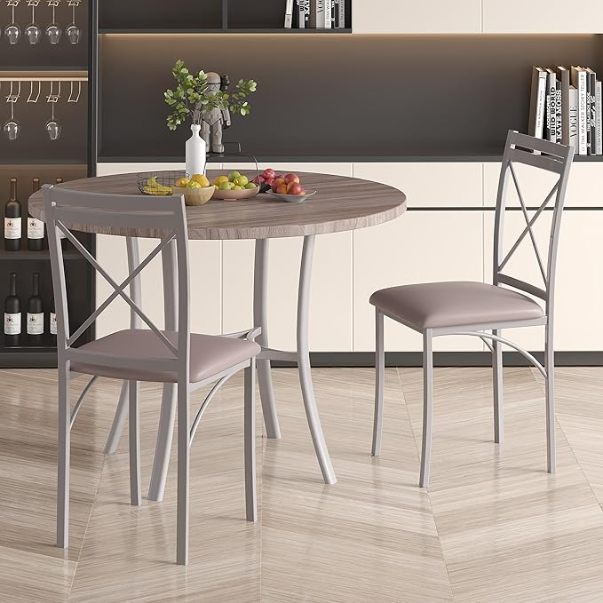 VECELO Metal Dining Chairs Set of 4, Steel Legs and PU Leather Cushion Seats for Kitchen, Living Room, Grey