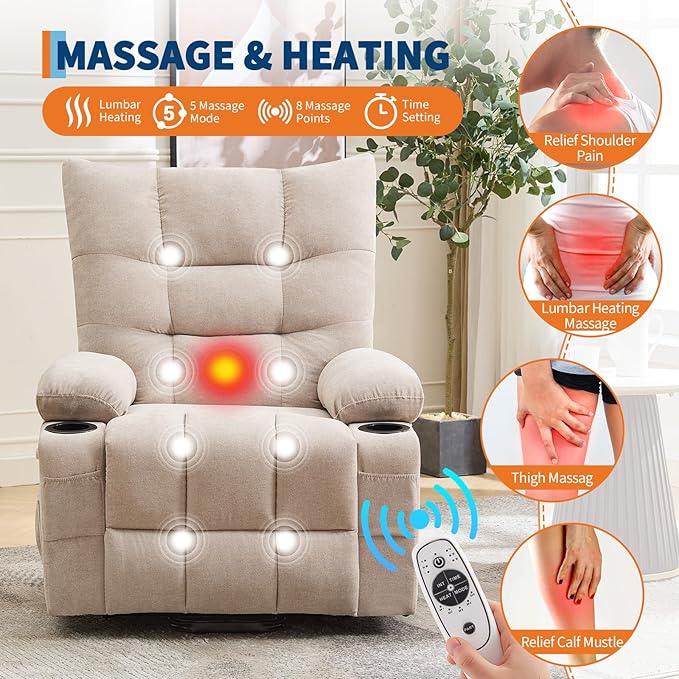 GarveeHome Power Lift Recliner Chair for Elderly with Massage and Heat, Oversized Electric Massage & Heat Recliner with Soft Padded Upholstery, Side Pocket & Cup Holders for Living Room, Beige
