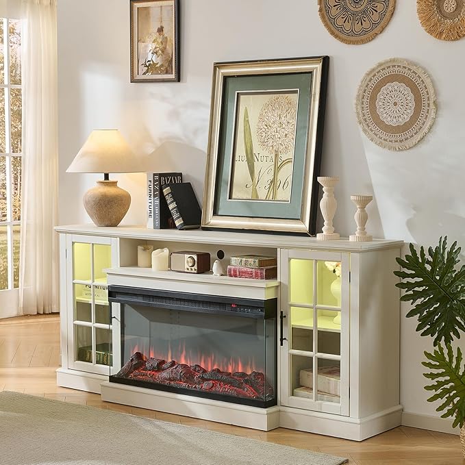 ROCKPOINT 3 Sided Glass 70" Fireplace TV Stand for TVs up to 80", Media Entertainment Center with Glass Door Storage Cabinet for Living Room,36" Electric Fireplace & Adjustable LED Light,White