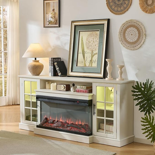 ROCKPOINT 3 Sided Glass 70" Fireplace TV Stand for TVs up to 80", Media Entertainment Center with Glass Door Storage Cabinet for Living Room,36" Electric Fireplace & Adjustable LED Light,White