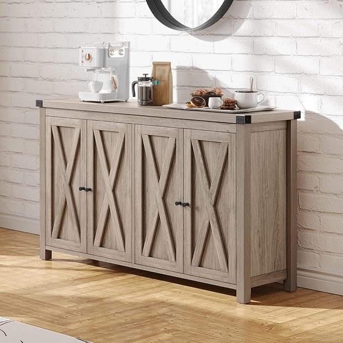 YITAHOME Buffet Cabinet with Storage, 55'' Modern Farmhouse Coffee Bar Cabinet w/4 Doors ＆Adjustable Shelf, Wood Large Kitchen Storage Cabinet with Barn Doors for Kitchen, Living Room, Grey-Brown