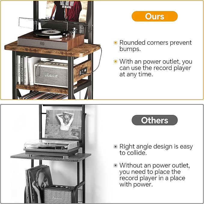 Record Player Stand with Power Outlet, 6 Tier Vinyl Record Display Shelf, Record Player Table with album storage up to 200 Albums, Console Organizer Display Shelf, Gifts for Music Lovers