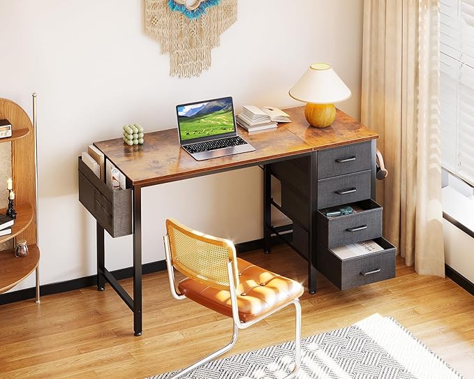 Casaottima 40-Inch Small Desk with 4 Fabric Drawers, Compact Study Desk for Students and Kids, Space-Saving Work Table for Bedroom or Small Spaces, Vintage
