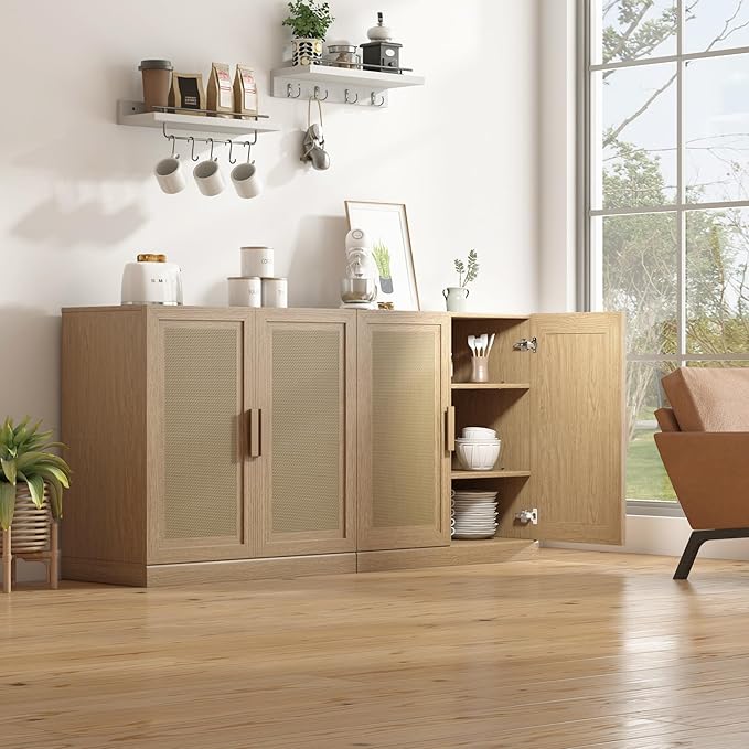 Buffet Cabinet, 4-Doors Sideboard Cabinet with Rattan Panels, Buffet Console Accent Table for Hallway Entryway Dining Room, 62", Oak