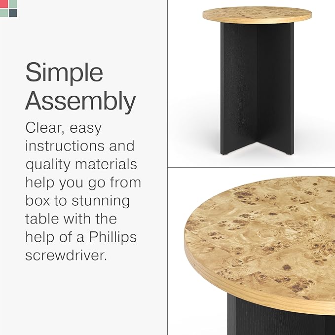 Round Accent Table for Living Room Furniture - 16-Inch Round Top, Burl Wood Veneer & Black Cross Base - Small Side & End Table & Nightstand