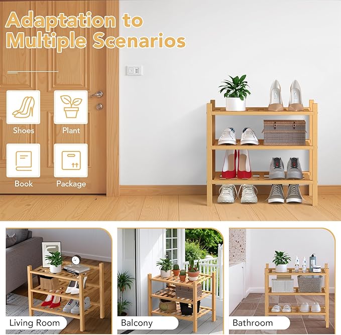 Haddockway small 3 Tier Bamboo Shoe Rack Storage Organizer,Multifunctional Free Standing Stackable Shoe Shelf with Grid Panel for Closet,Hallway,Entryway,Small Space 18"x11"x17"(Natural, 3-Tier Small)