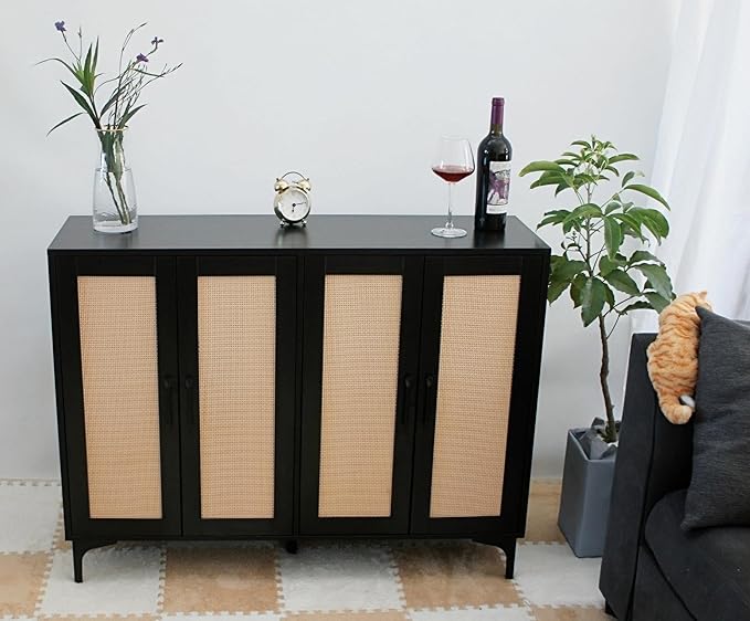 Buffet Sideboard, Side Storage Cabinet, entryway Cabinet, Buffet Sideboard with Rattan, Featuring 4 Doors and Adjustable Shelves, Suitable for Living Room (Black)