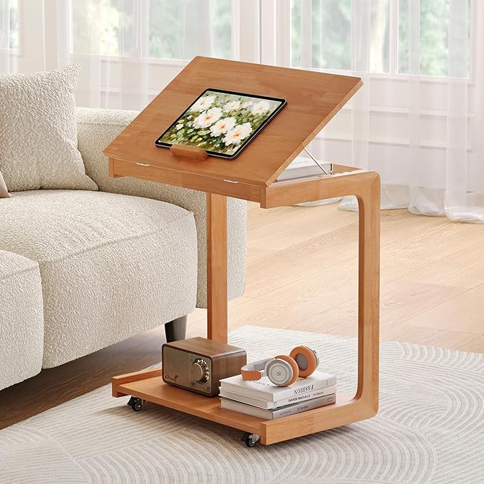 CozyDH Adjustable C Shaped End Table, Rolling Side Table Solid Wood TV Sofa Tray Table for Couch Arm Eating Multi-Purpose, Small Coffee Table with Wheels Living Room Bedroom, Cherry