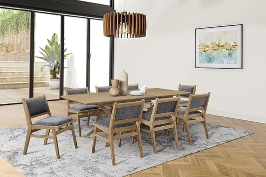 Mid-Century Modern Wood Rectangular Extension Kitchen Dining Table and Eight Chairs, Brown