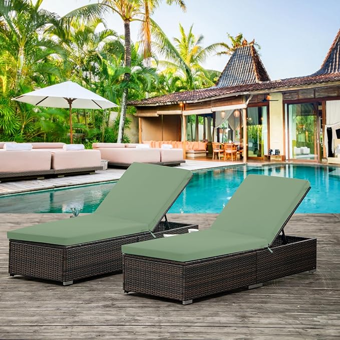 Chaise Lounge Cushions Outdoor Set of 2 - Waterproof and Fade Resistant Sun Lounger Replacement Cushions - Patio Lounger Pads with Removable Cover for Pool, Deck, 80 x 26 x 3 Inch, Sage Green