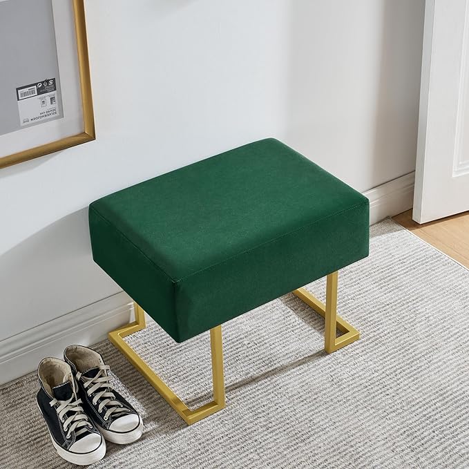 Modern Style Bedroom Single Seat Bench, Cushioned Bed end Stool, Living Room Sofa Stool, Footstool with Golden Iron Legs, Suitable for Bedroom and Living Room (Dark Green, 21.65"x15.74"X16.53")