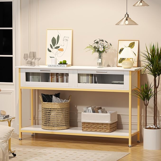 Aetheris 47" Console Table with 2 Drawers, 2 Tier Sofa Table with Storage,Entryway Table, Industrial Console Table for Entryway, Sofa Table Behind Couch for Living Room (White)