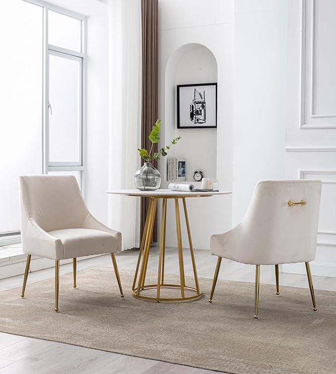 Modern Velvet Dining Chairs Set of 6, Contemporary Upholstered Furniture Collection with Polished Gold Metal Legs, Elegant Accent Chairs for Kitchen Living Room(White)