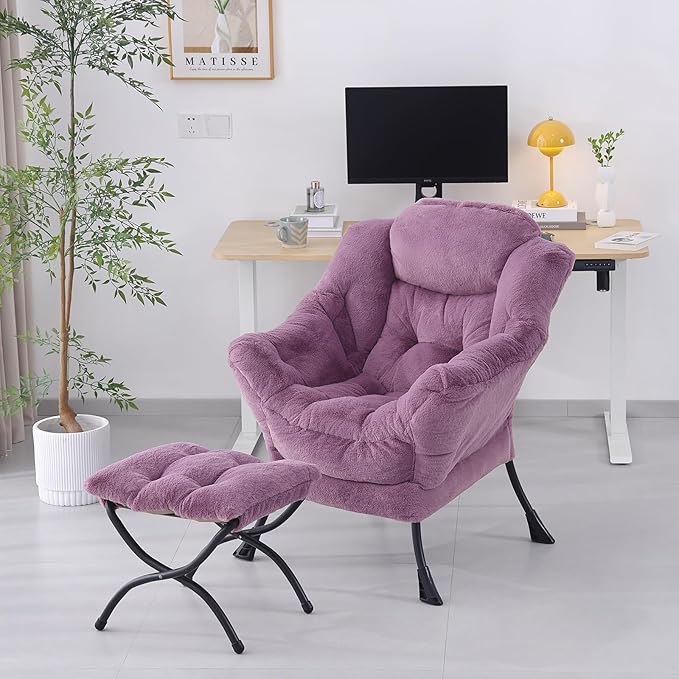 Lazy Chair with Ottoman, Modern Accent Chair Contemporary Lounge Leisure Sofa Chair with Armrests, Reading Chair and Folding Footstool Set for Living Room, Bedroom, Office