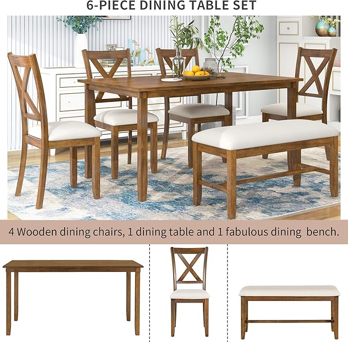 Ball & Cast 6 Piece Dining Table Set with 4 "X-Shaped Curved Backres Fabric Chairs & 1 Bench,Living Room Furniture W/ 60" Rectangle Kitchen Desk,for Restaurant,Home Bistro,Natural Cherry