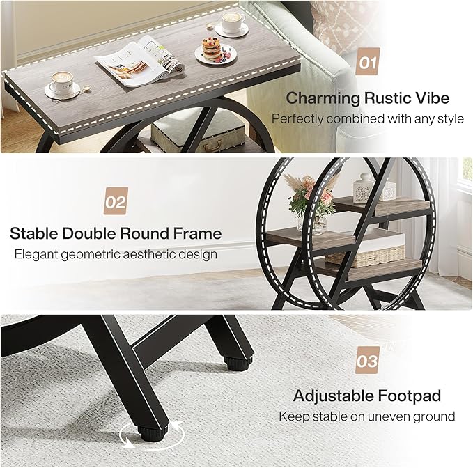 Tribesigns End Table for Living Room, 3-Tier Narrow Side Table with Storage, Wood Sofa Side Table with Geometric Metal Frame, Industrial Nightstand and Bedside Table for Bedroom, Grey