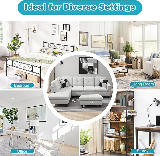 L Shaped Couch Modern Sectional Couch Upholstered Flannel Fabric 3 Pieces Sofas for Living Room with Chaise, Storage Ottoman for Office and Small Apartment, Light Grey