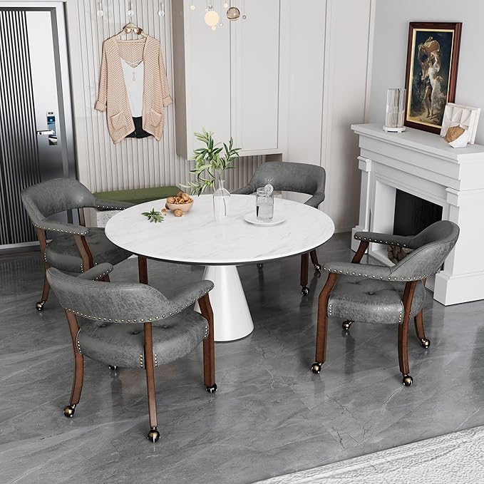 LEEMTORIG Large Dining Chairs with Casters and Arms, Rolling Dining Chairs with Wheels, Accent Wood Boss Caption's Chairs, 26" D x 25.2" W x 31.5" H, Cherry Legs & Dark Grey Fabric SY-1533-GY