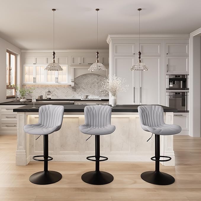 YOUNIKE Grey Bar Stools Set of 4 Modern Swivel Counter Height Bar Chair with Back Adjustable Kitchen Island Faux Leather Padded Barstools taburetes de bar Breakfast sillas para barra de cocina 4PCS