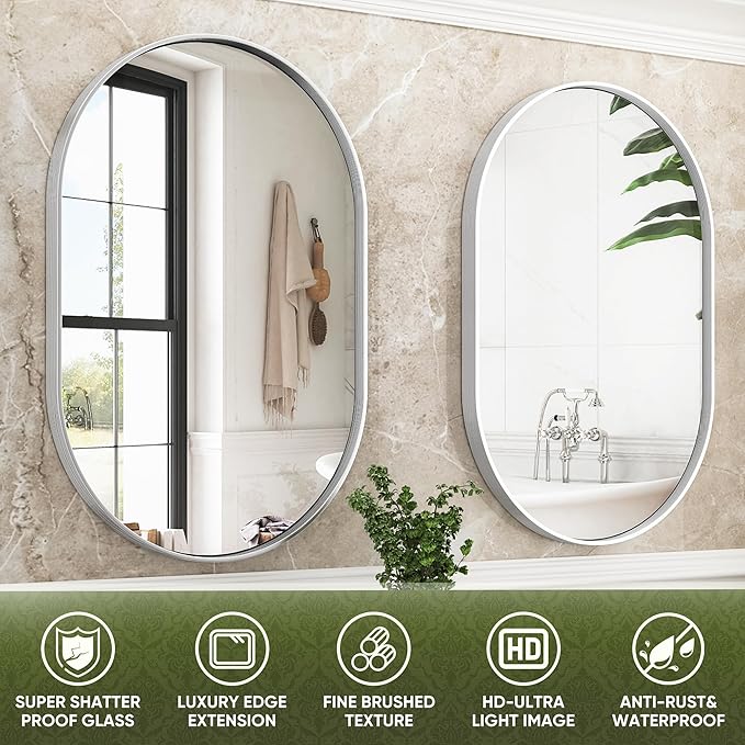 Suidia 22" x 30" Bathroom Mirror, Bathroom Vanity Mirror Metal Framed, Wall-Mounted Mirrors for Bedroom, Living Room, Entryway, Hallway, Silver, Oval Style