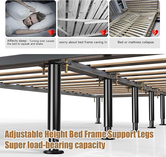 4Pcs Metal Adjustable Height Center Support Leg for Bed Frame, Bed Support Legs for Wood Slats, Under Bed Frame Support Legs Replacement, Bed Reinforcement Kit for Wooden Frame, Height 9.8" to 16.5"