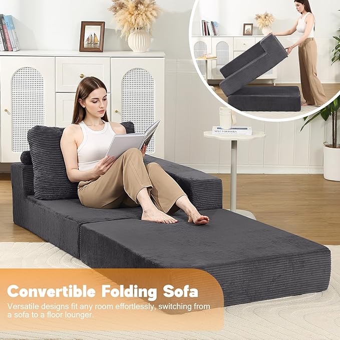 MeMoreCool Convertible Sofa Bed Foldable Boneless Couch, Folding Sleeper Chair Bed with L-Shaped Armrest, Comfy Floor Lounge Couch for Adults, Fold Out Single Sofa Chair Futon for Indoor Bedroom