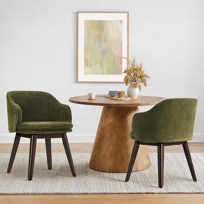 Wooden Dining Chairs Set of 4, Fabric Upholstered Modern Dining Room Chairs with Barrel Backrest & Double-Layer Thick Cushion for Living Room, Restaurant, Kitchen and Café, Green, 2 Boxs