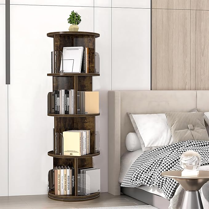 VECELO 4 Tier Revolving Bookshelf Tower, 360° Display Floor Standing Storage Rack with Acrylic Visible Window Partition for Bedroom, Living Room Home and Office, Brown