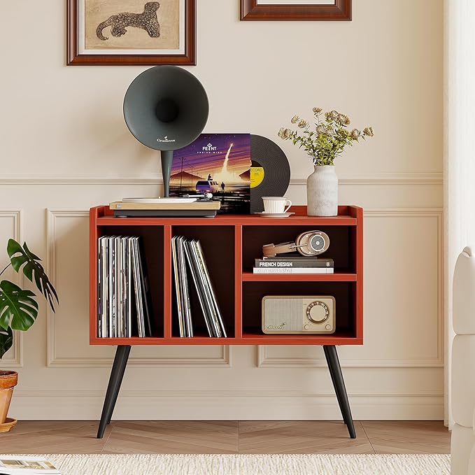 Record Player Stand with Vinyl Storage,Turntable Stand with Solid Wood Legs,Record Player Table Holds Up to 200 Albums,Vinyl Holder Storage Shelf for Bedroom Living Room,Walnut