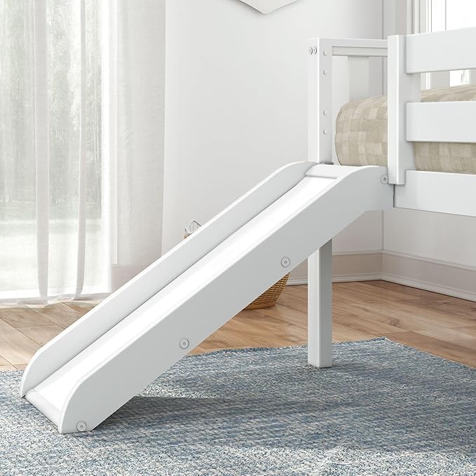 Max & Lily Twin Ultra Low Loft Bed with Slide and Climbing Ladder, Solid Wood Bed for Kids, Space Saving Design for Small Rooms, Twin Size Loft Bed with 14 Inch Guardrails, Anti Slip Steps, White