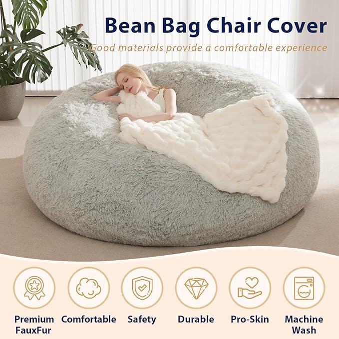 Large Bean Bag Chair Cover, Plush Bean Bags Chairs Cover Only Without Filler Included, Beanbag Chairs for Adults, Teens, Kids, 7FT, Light Grey