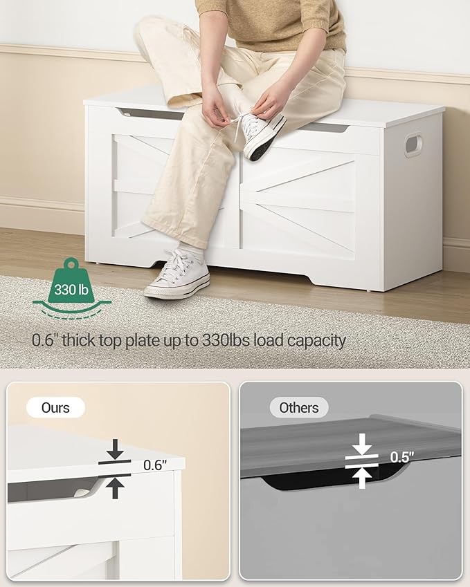 39.4" Storage Chest, Extra Large Storage Trunk with 2 Safety Hinges, Wooden Box Bench, Lift-Top Organizer Chest, Shoe Bench for Entryway, Bedroom, Living Room, White SB03403X