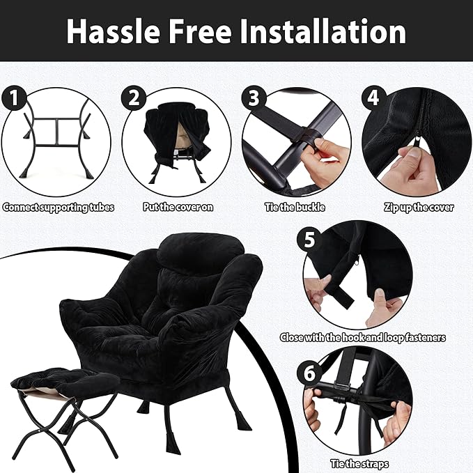 Lazy Chair with Folding Ottoman, Accent Chair Plush Upholstered with Metal Structure and Non-Slip Pads, Sofa Armchair with Footrest and Side Storage Bag for Dorm, Room, Office, Black