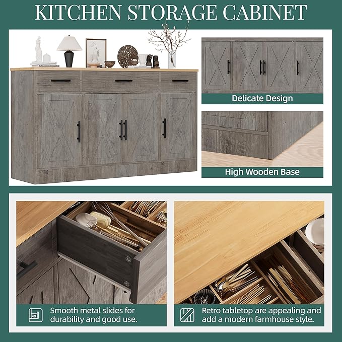 Shintenchi Buffet Cabinet with Storage,53.4" Large Kitchen Storage Cabinet with 3 Drawers and 4 Doors,Wood Farmhouse Buffet Sideboard with Adjustable Shelf for Kitchen Living Room,Ash Grey