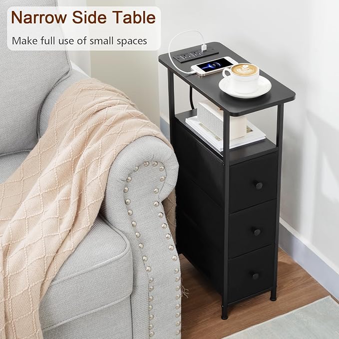 Narrow End Table Living Room with Charging Station, Skinny Side Table with Fabric Drawers, Slim Nightstand for Bedroom, Small Spaces, Couch, Black, HETNDP03BK-1