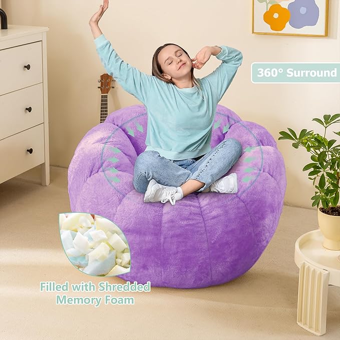Pumpkin Bean Bag Sofa Chair, Bean Bag Chair with Filler for Teens, Kids, Toddler, Comfy and Lazy Sofa for Dorm, Apartment, Living Room and Bedroom, Violet