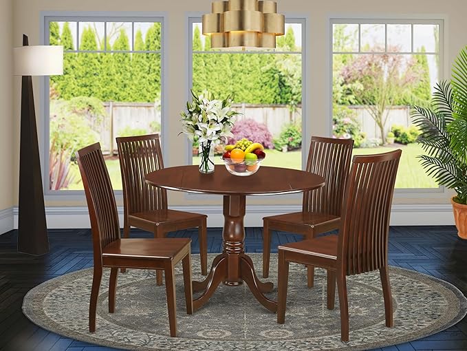 East West Furniture DLIP5-MAH-W 5 Piece Dining Room Furniture Set Includes a Round Kitchen Table with Dropleaf and 4 Dining Chairs, 42x42 Inch, Mahogany
