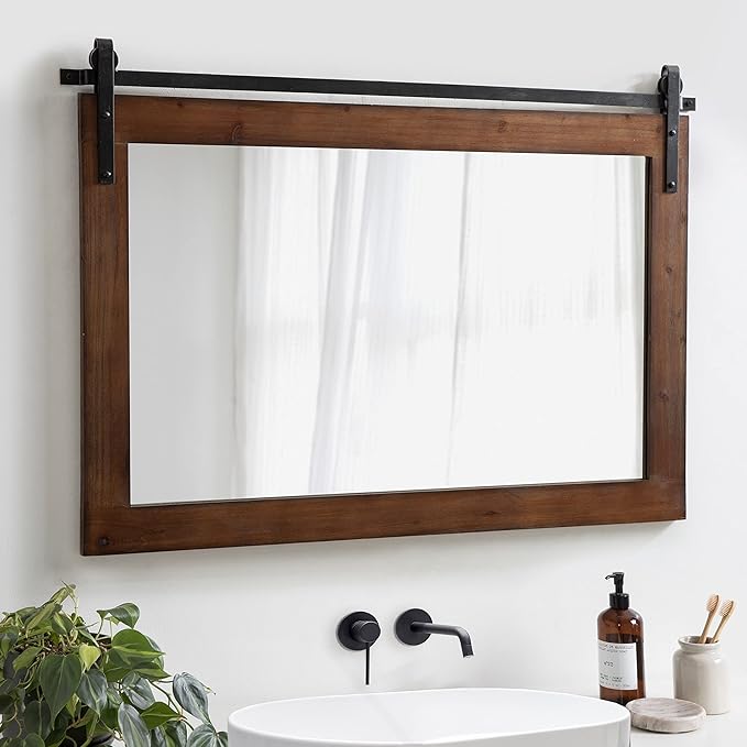 Kate and Laurel Cates Farmhouse Horizontal Wood Framed Wall Mirror; 38 x 27; Walnut Brown; Barn Door-Inspired Decorative Hanging Mirror for Wall Decor