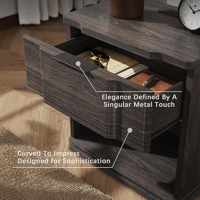 Nightstand with Charging Station, Wooden Curved Night Stand Bedside Table with Storage Shelf & Drawer, Large Mid Century Modern Accent End Table for Bedroom Living Room Office, Black and Gray